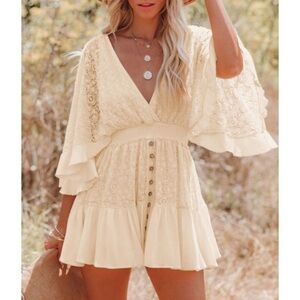 Cream Lace Tiered Romper with Flutter Sleeves